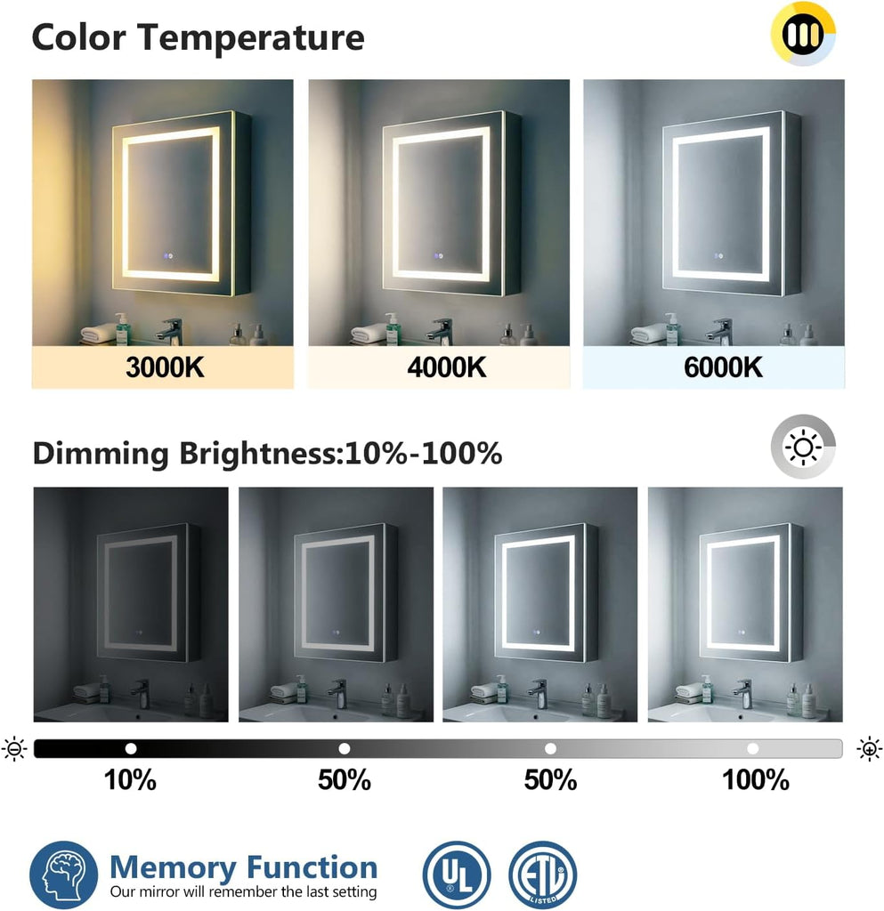 24 x 30 Inch LED Lighted Bathroom Medicine Cabinet with Mirror, 3 Stepless Adjustable Shelves, Recessed