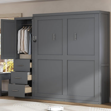 Queen Murphy Bed with Storage Wardrobe and Drawers,Solid Wood Farmhouse Murphy Wall Bed Cabinet with Drawers for