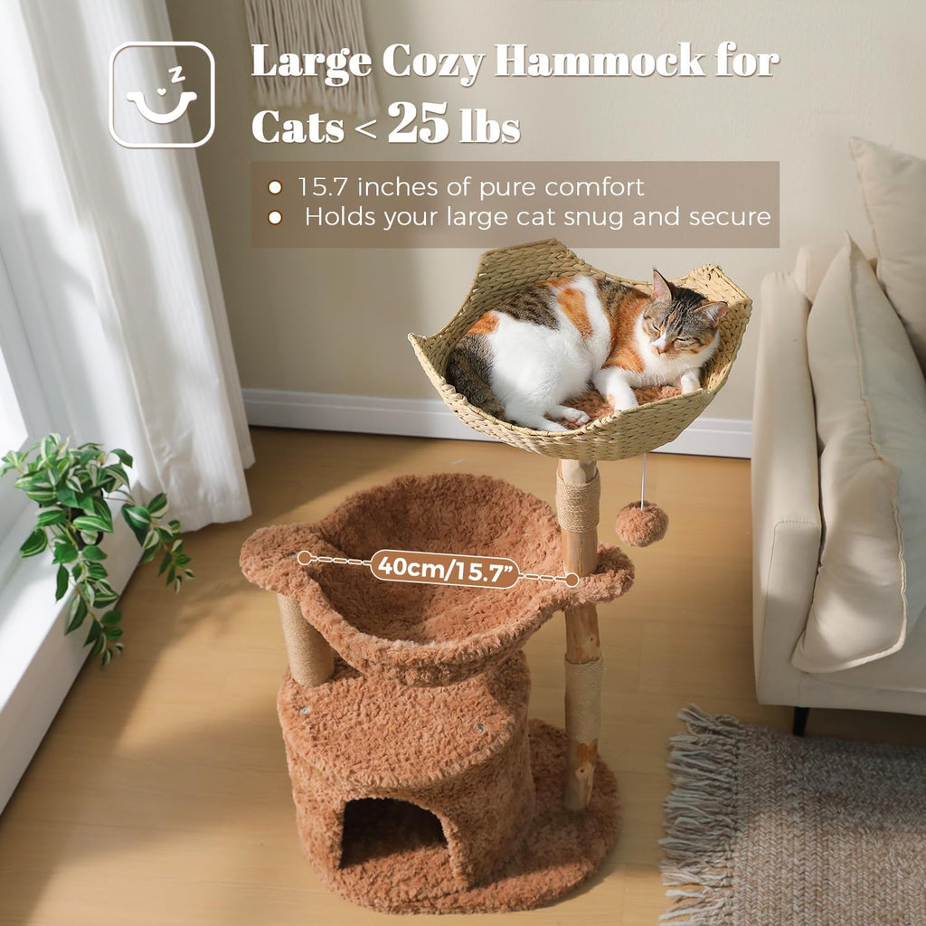 40" Modern Wood Cat Tree with Rattan Basket & Hammock, Brown