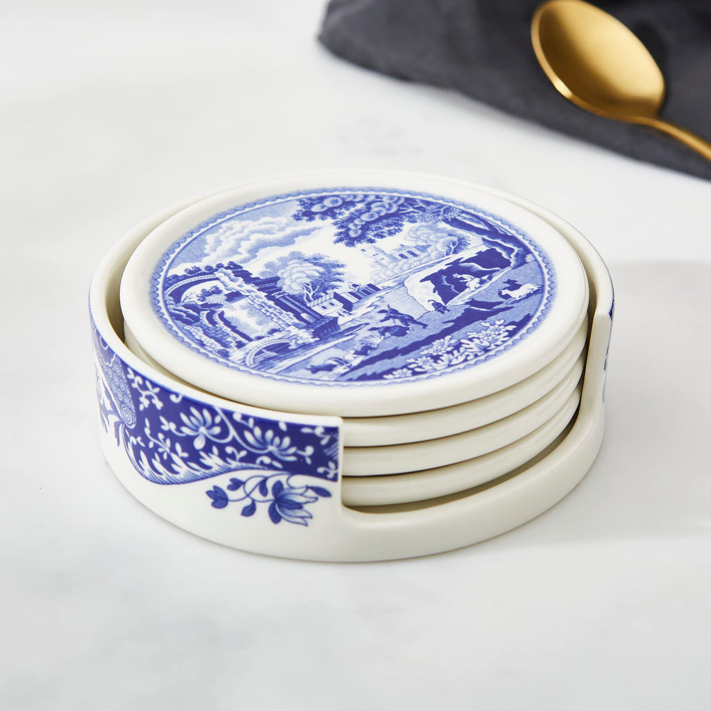 Blue Italian Ceramic Coaster Set, 4 Piece, with Holder