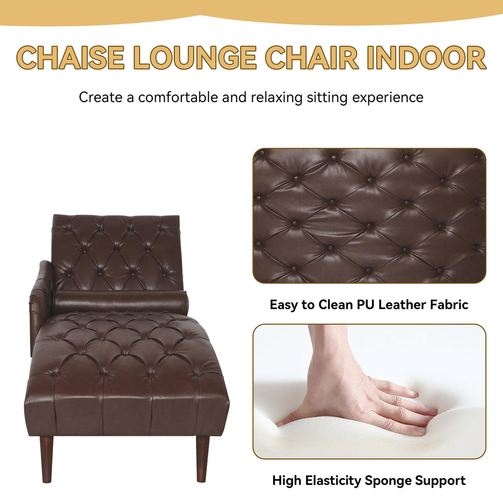 PU Leather Chaise Lounge Chair Indoor, Side Armrest, Dark Brown