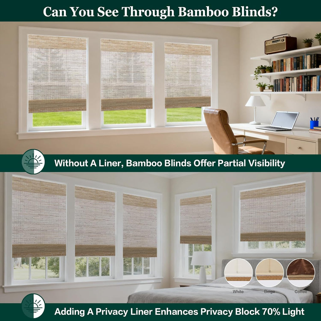 No Drill Blackout Roman Shades, Pando Cordless No Tools Bamboo Blinds for Indoor Windows, Light Filtering Woven Wood