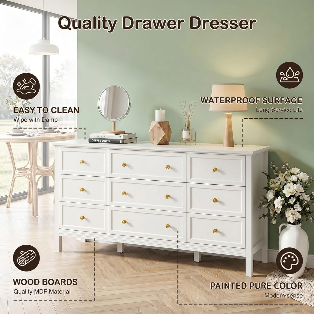 59" White with 9 Drawer & Modern Gold Handles