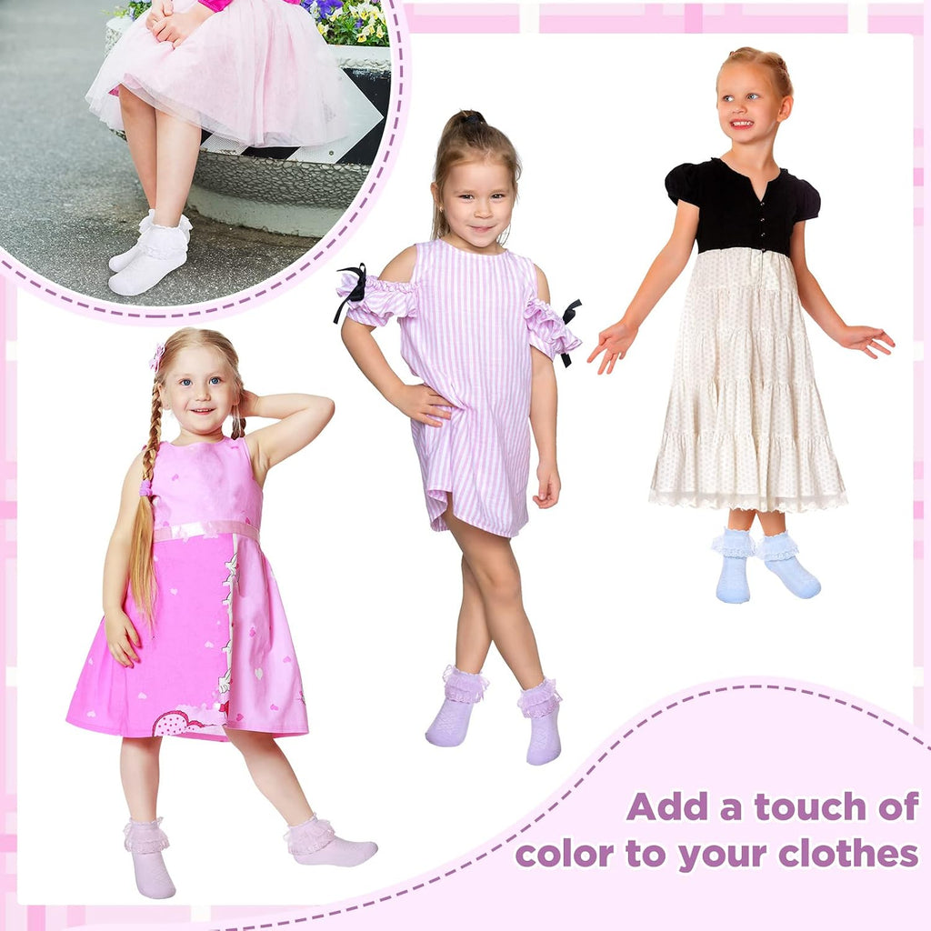8 Pairs Toddler Girls Dress Socks - Baby Ruffle Cute Frilly Lace Cotton Teen Girl
