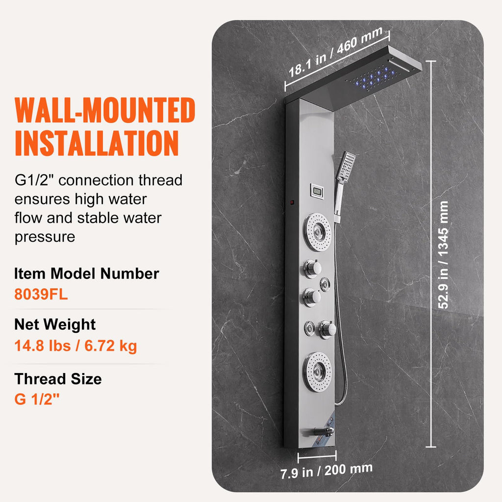 Shower Panel Tower System, 6 Shower Modes, LED & Display Shower Panel, Rainfall, Waterfall, 4 Body Massage Jets, Tub