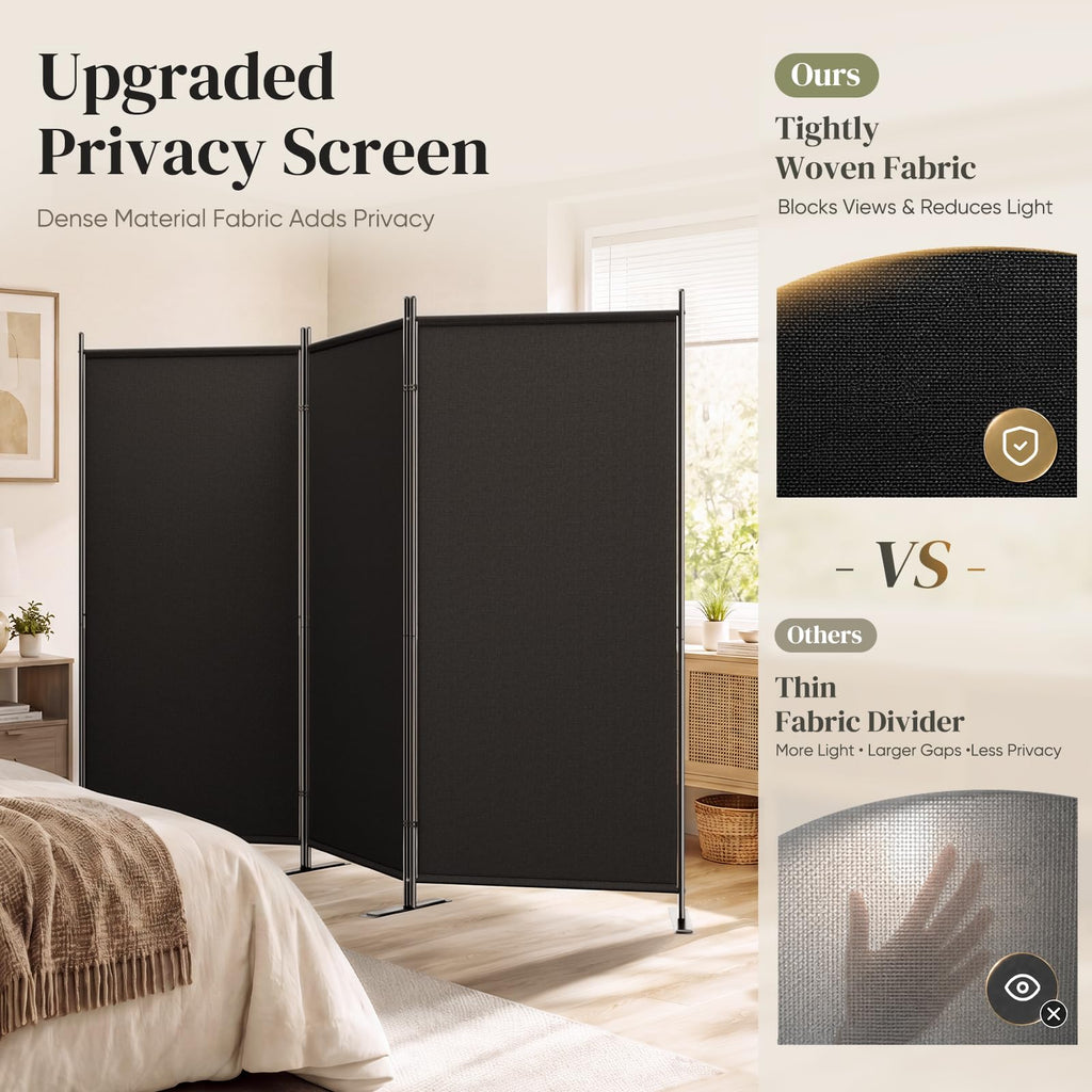 3 Panel Room Divider 100" W x 71" H Folding Privacy Screen, Black