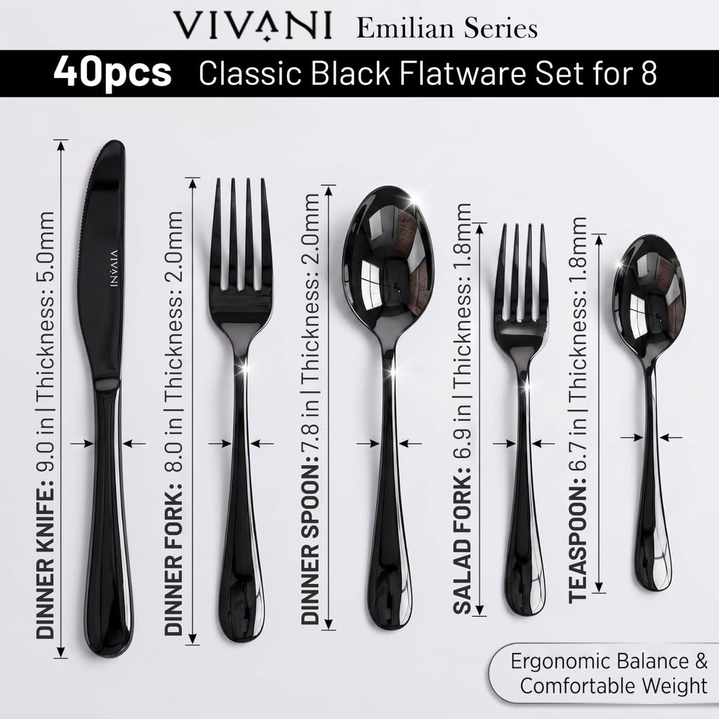 40 Piece Black Silverware Set for 8, Stainless Steel Flatware Set