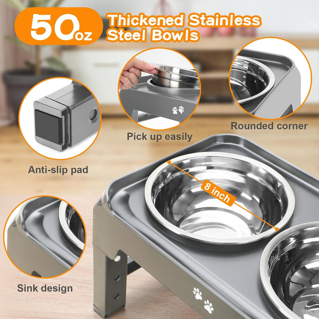 Elevated Bowls, 4 Height Adjustable Raised Stand With 2 Thick 50oz Stainless Steel Food Bowls, Non-Slip Feeder