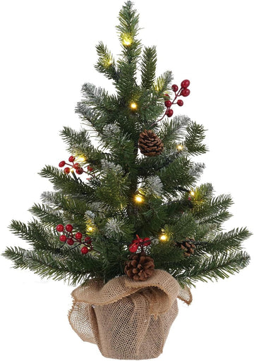 2 FT Mini Christmas Tree, 24" PE Prelit Small Artificial Tabletop Snow Flocked Christmas Trees Decor with 20 Lights