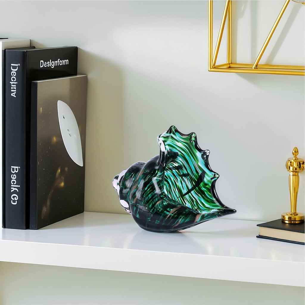 Hand Blown Glass Conch Shell Sculpture, Sea Glass Art Figurines, Beachy Room Decor, Teal Conch Shell Decorative