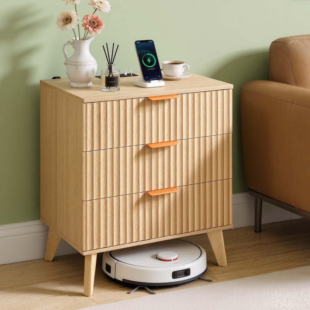 Fluted Nightstand 3 Drawer Dresser, 24" Wide Bedside Table with Charging Station, Mid Century Modern Night Stand with