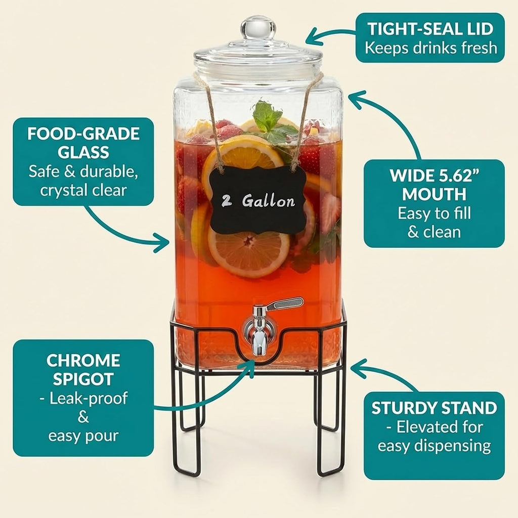 2 Gallon Glass Drink Dispenser, Drink Dispensers for Parties, Beverage Dispenser with Stand and Glass Lid, 100%