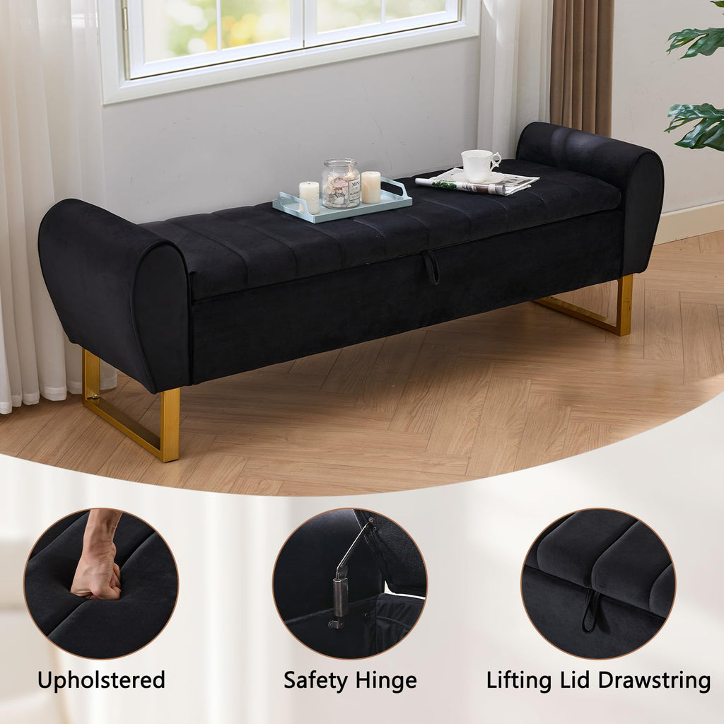 67'' King Size End of Bed Storage Bench, Velvet Bedroom Benches for Foot of Bed King with Gold Legs, Storage Ottoman