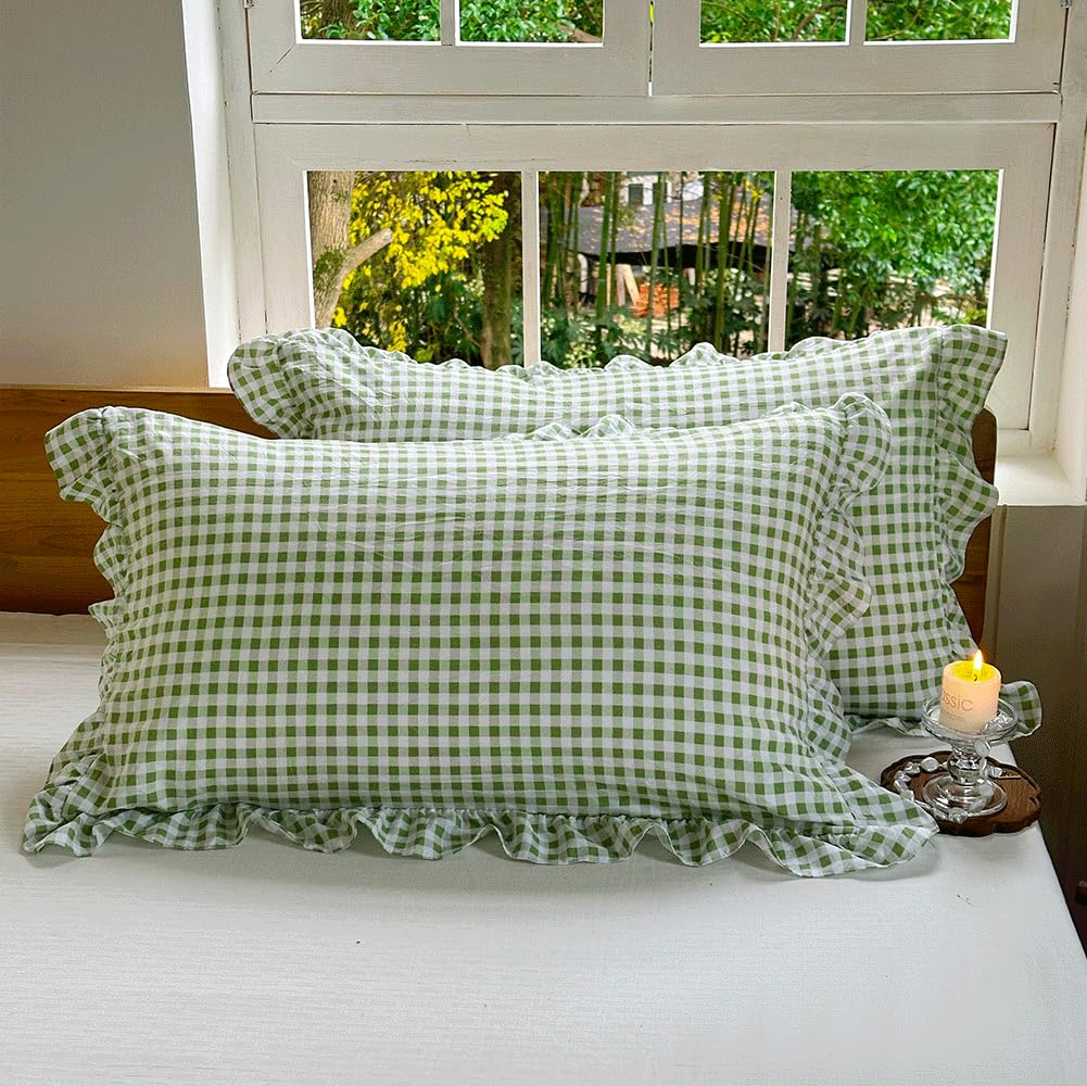 Sage Green Gingham Pillow Shams, 20"x26", Set of 2