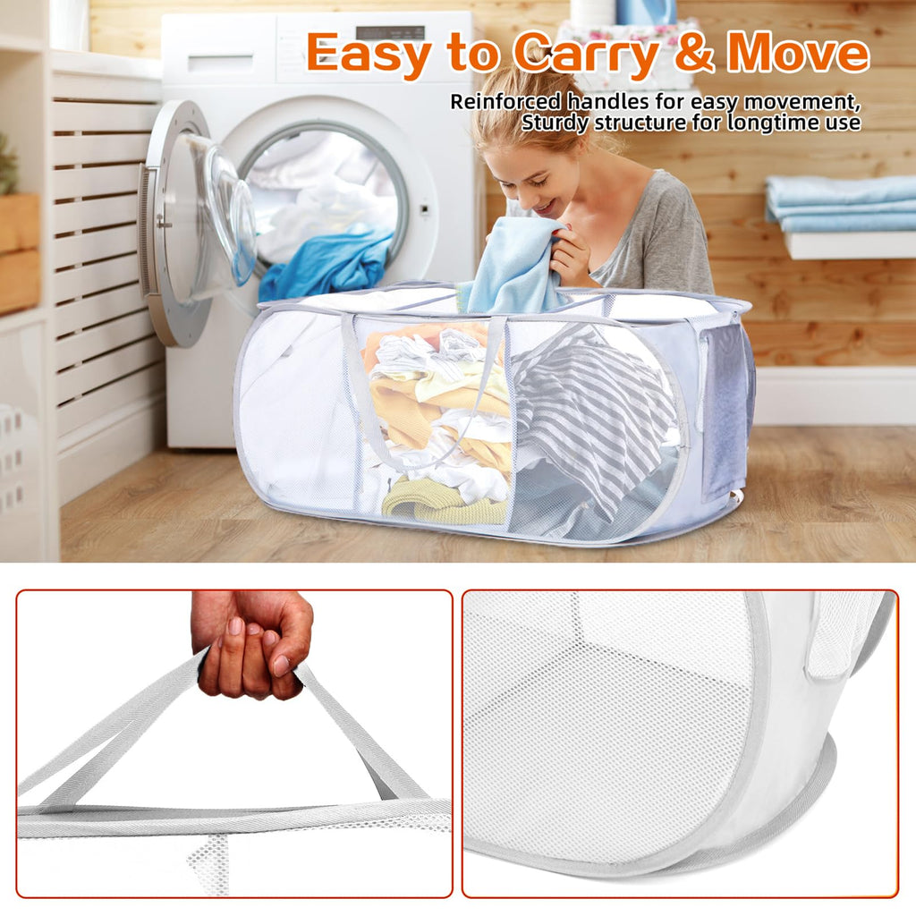 Durable Collapsible Foldable Mesh Pop Up Laundry Basket, 3 Compartments Easy to Carry & Sort Clothes Hampers, Travel