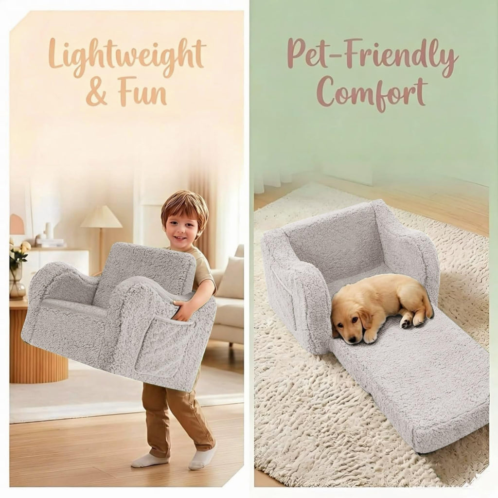 Kids Sofa Chair, in-1 Foldable Couch, Sherpa, Grey
