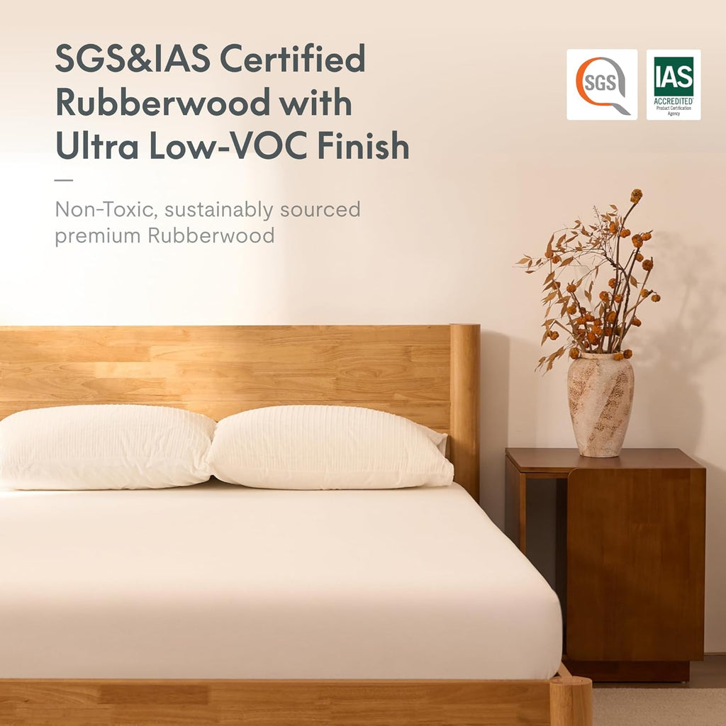 Hako G2 Japanese Joinery Bed Frame, Solid Rubberwood Queen Platform Bed with Storage Headboard, IAS&SGS Certified