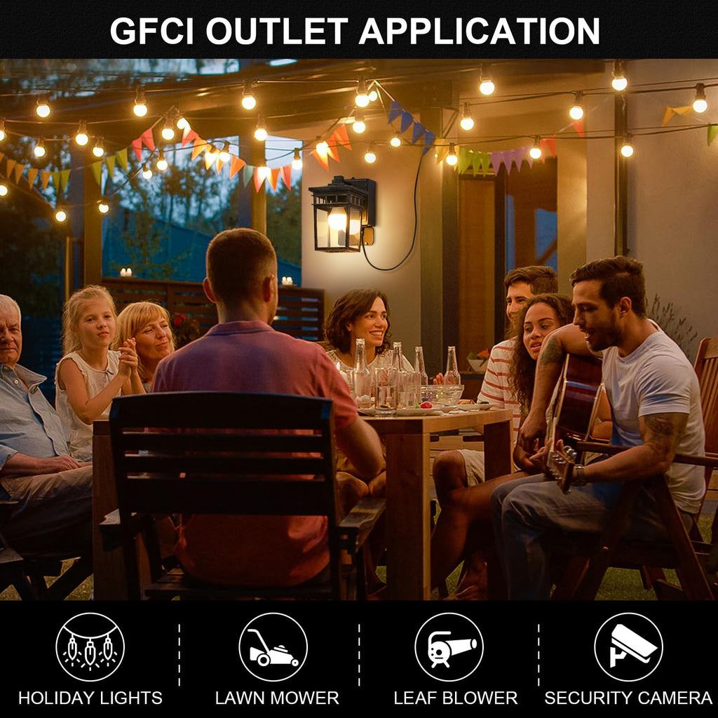 Outdoor Wall Lantern, Dusk to Dawn Porch Light with GFCI Outlet & LED Bulb