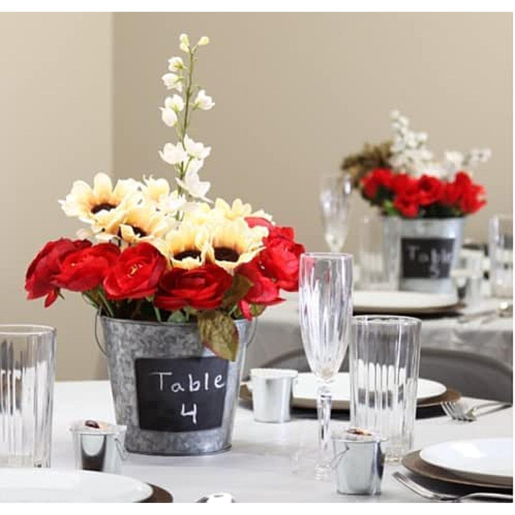 Galvanized Metal Chalkboard Bucket with Wooden Handle 7 Inch Dia - Set of 8 Rustic Farmhouse Floral Planter, Ideal