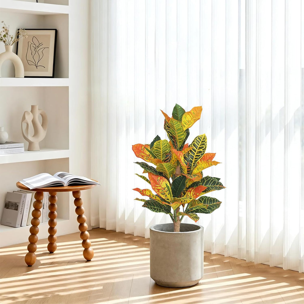 UV-Resistance 35inch Artificial Croton Plant, 2 Pack Fake Croton with Ground Spike, Faux Fiddle Leaf Fig Tree Home - Set of 2