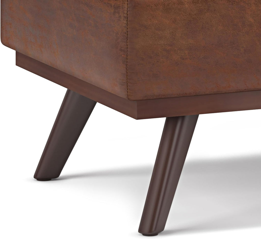 Owen 42" Wide Vegan Leather Lift Top Ottoman in Saddle Brown | Distressed saddle brown, mid-century modern lift-top