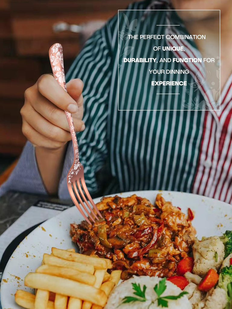 24 Pcs Rose Gold Silverware with Steak Knives, Stainless Steel Copper Silverware Flatware Cutlery Set for 4, Include