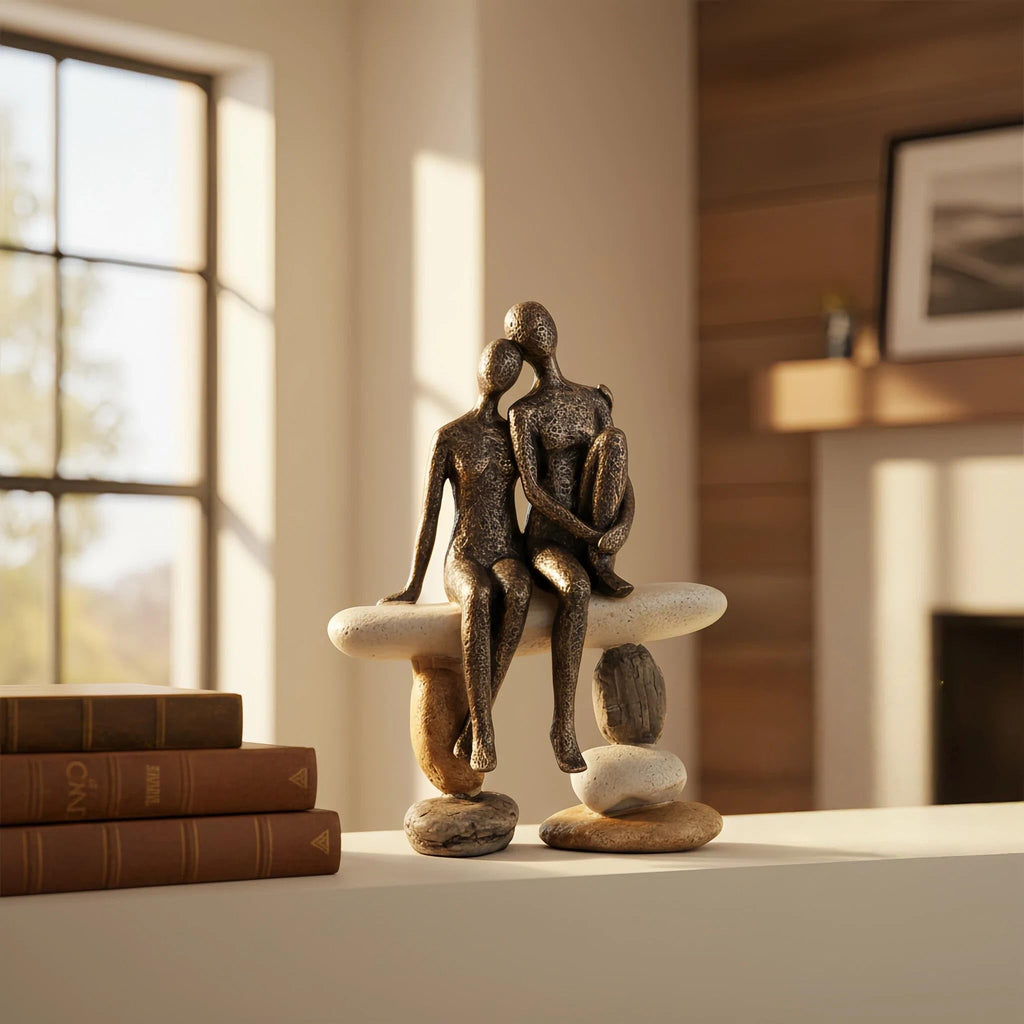 Romantic Couple Figurines Sculpture - Abstract Couple Sculpture on Stone Bench, Modern Home Decor Statue, Unique for