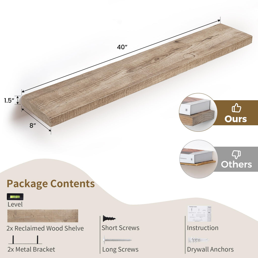 Floating Shelves Reclaimed Barnwood, 8" Deep Solid Wood Floating Shelf Wall Hanging Shelves with Invisible Heavy-Duty