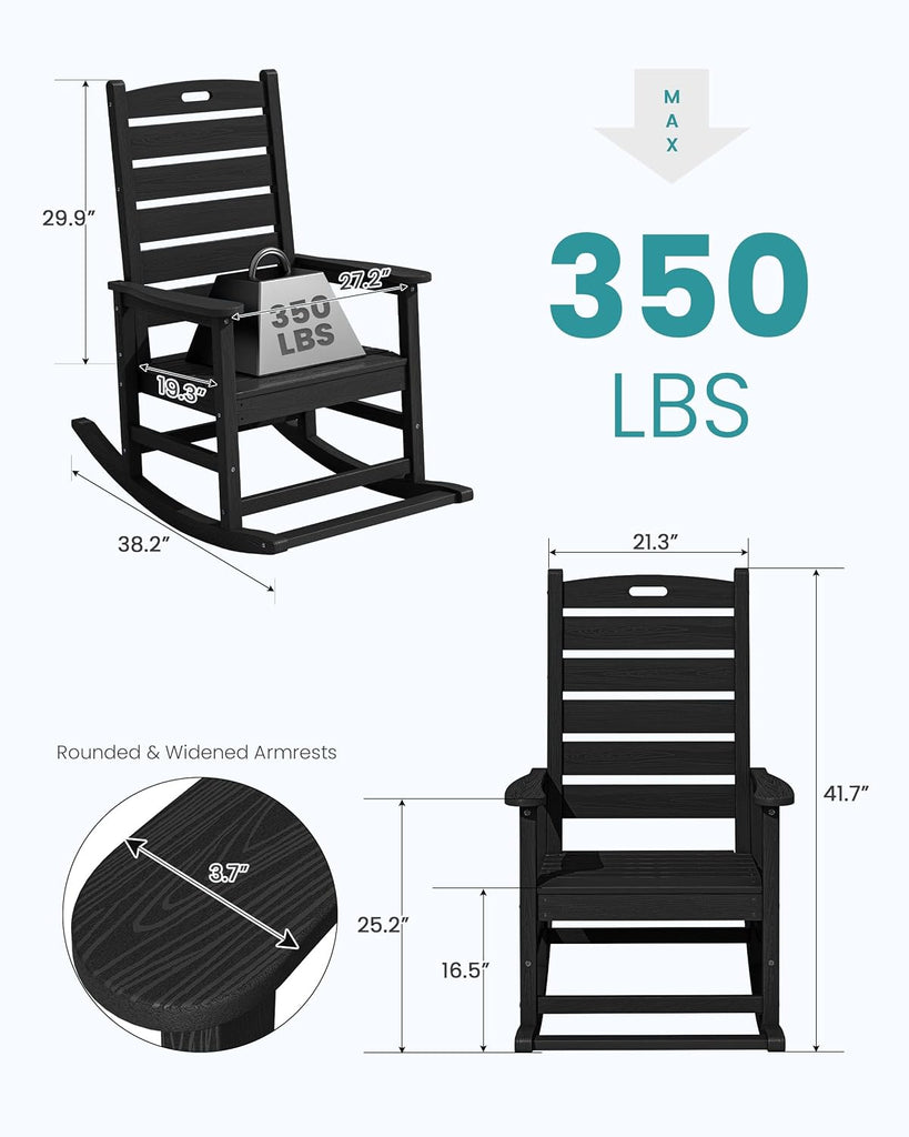 Outdoor Rocking Chair Set of 2, Oversized HDPE Rocker, Black | Heavy Duty Front Porch Rocker with Footrest, all