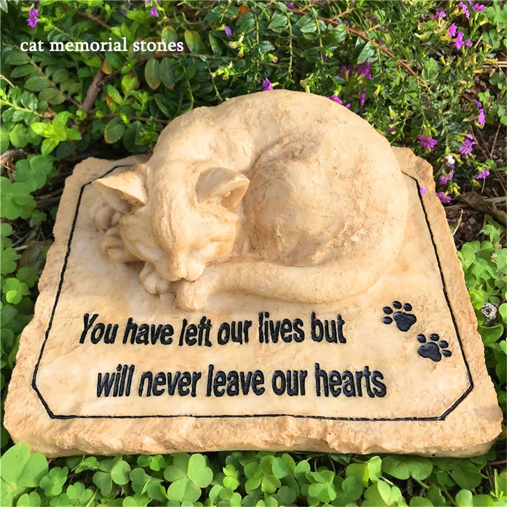 Cat Memorial Stones Grave Markers with A Sleeping Cat Statue on The Top - Cat Garden Stones Grave Stones Cemetery