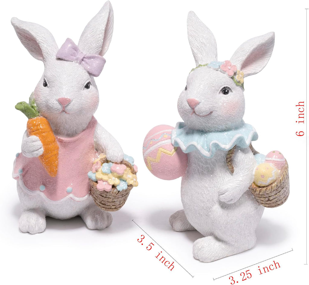 Easter Bunny Figurines Set, Spring Rabbit Decor with Easter Eggs Basket, Floral Wreath Bunny Statues, Tabletop Home - Set of 2