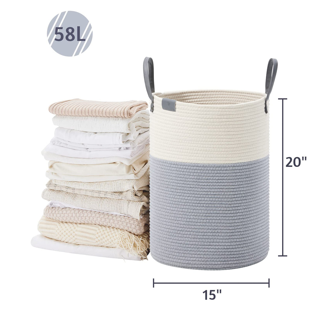 58L Tall Woven Rope Laundry Hamper, Leather Handles, Grey & White