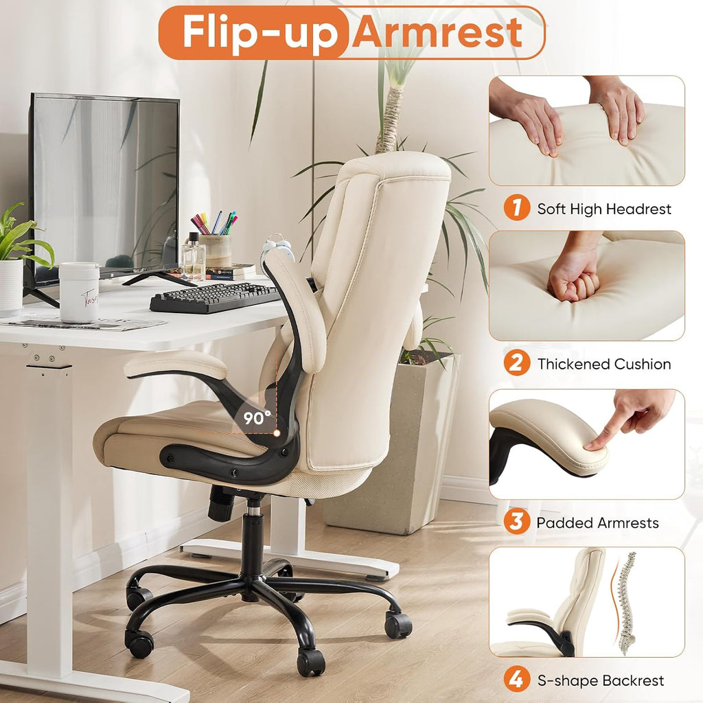 Office Executive Chair - Heavy Duty High Back Home Desk Chair with Flip-up Armrest, PU Leather, Height Adjustable &