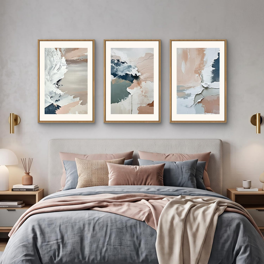 Large Modern Abstract Framed Canvas Wall Art Set, Minimalist Splash ink Blue Pink Pastel Watercolor Wall