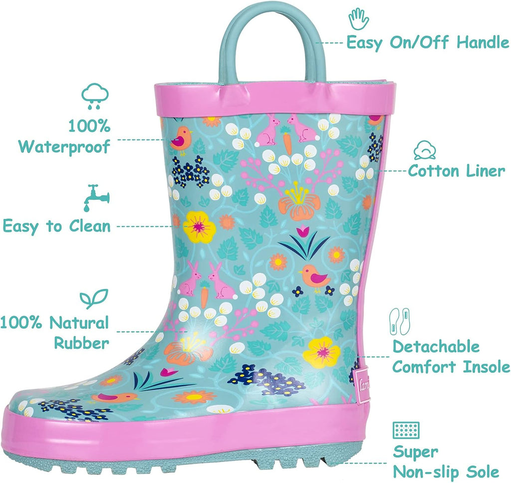 Toddler Rain Boots, Kids Rain Boots Waterproof Rubber Boots for Girls and Boys with Fun Patterns and Easy-On Handles