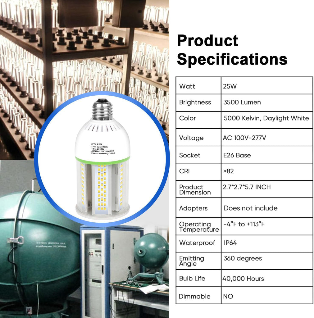 E26 LED Bulb, 25W Corn Light, 250W Equivalent, 3500 Lumens, 5000K Daylight White, CFL MH HID Replacement - Indoor