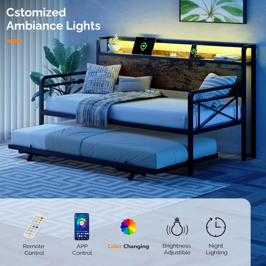 Daybed with Trundle Twin, Metal Daybed Frame with Pop-up Trundle Bed and Charging Station,Day Bed with Wooden Storage