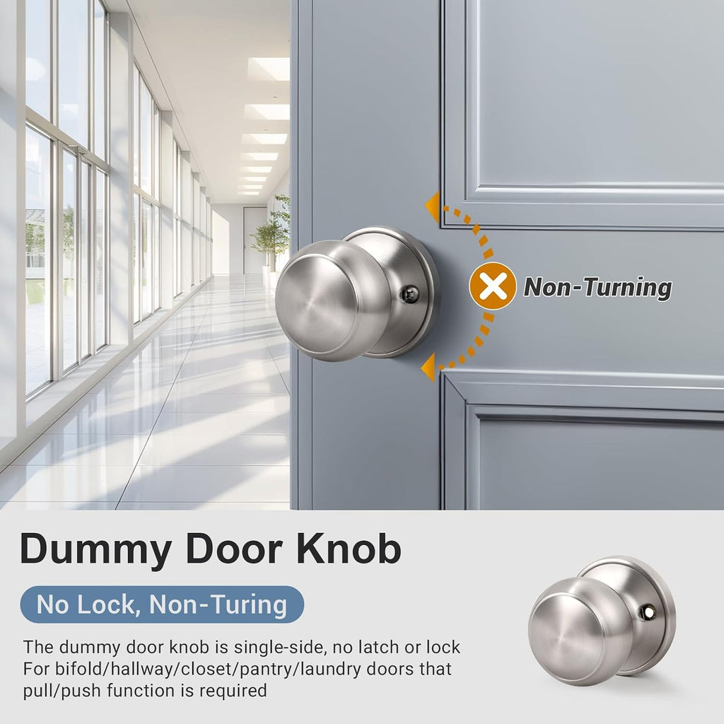 2 Pack Brushed Nickel Dummy Door Knob, Single Sided Handle for Closets, French Double Doors, and Pantry, Satin Nickel
