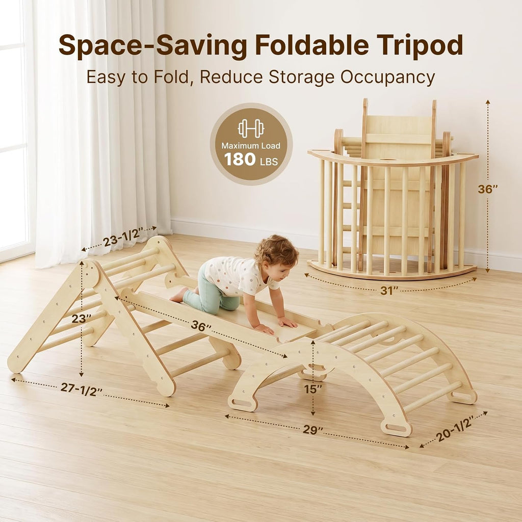 Pikler Triangle Set, Wooden Montessori Climbing Toys for 1-3 Year Old, Foldable in-1 Toddler Baby Indoor Play Gym