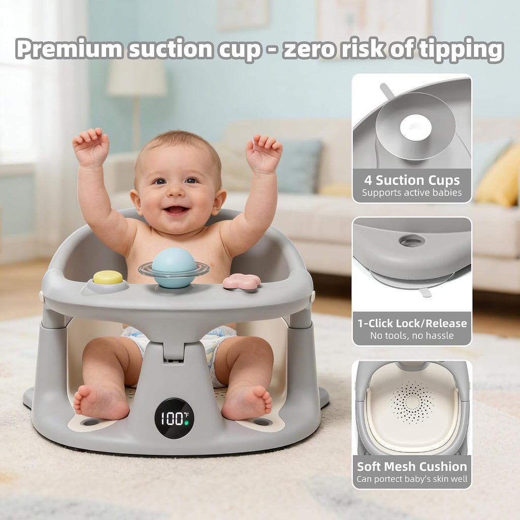 Bath Seat for Babies 6 Months & up with Thermometer, Non-Slip Toddler Bath Seats for Sitting Up, Safe Infant &