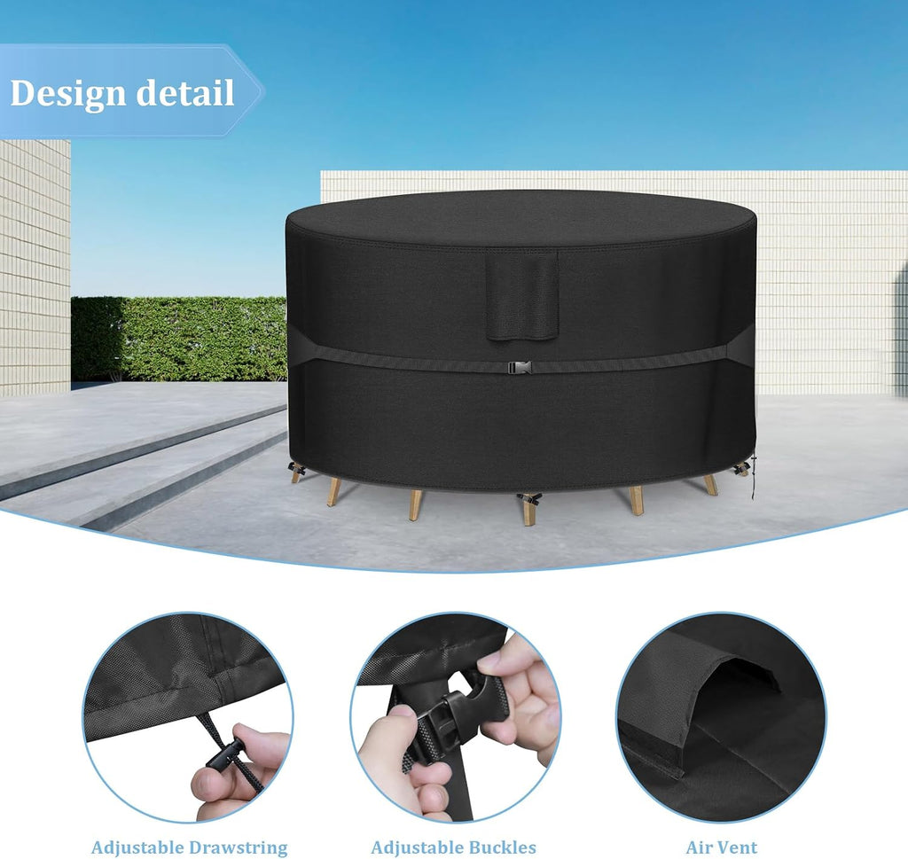 Round Patio Furniture Covers - 600D Heavy Duty Waterproof Outdoor Table Cover, Lawn Furniture Set Covers for Dining