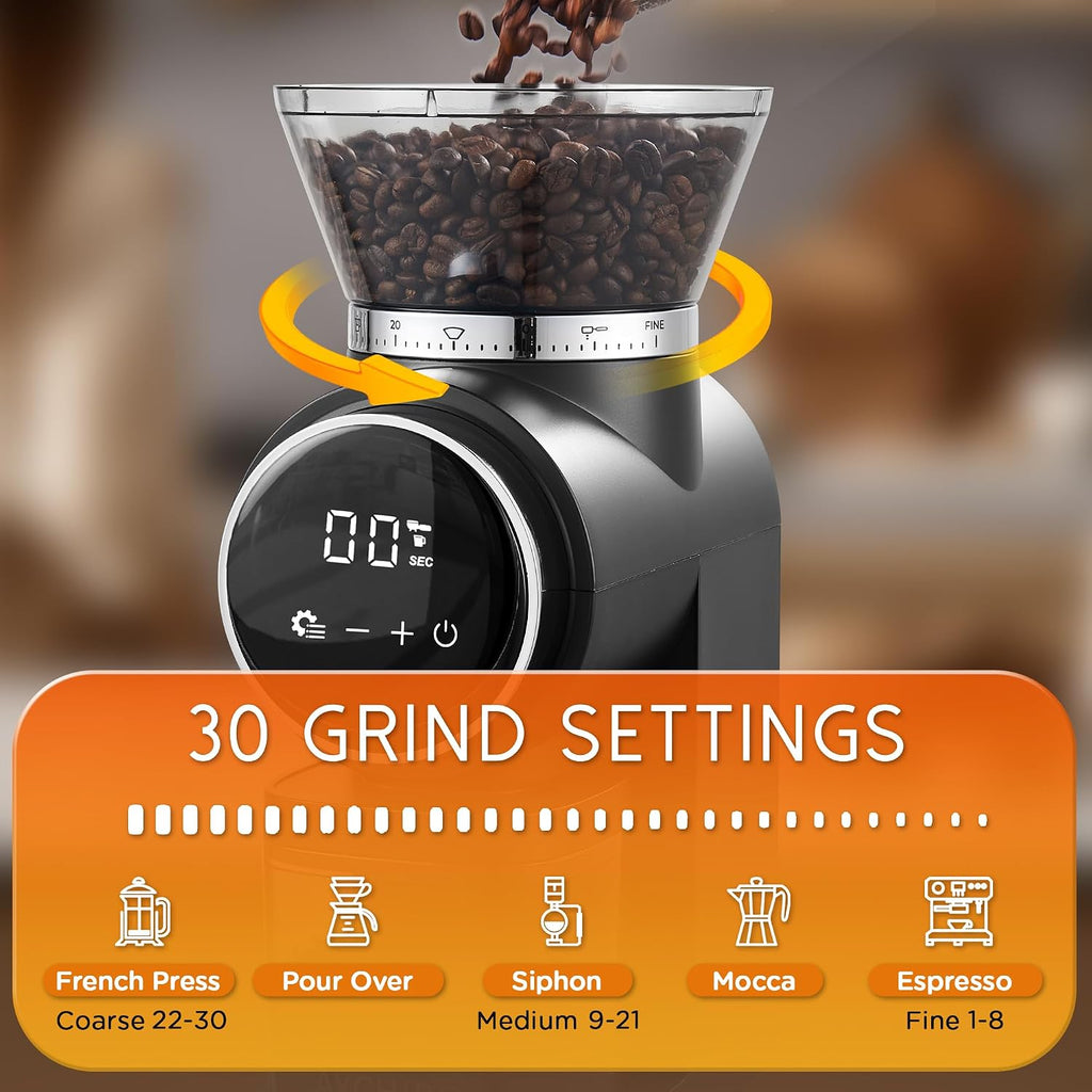 Conical Burr Coffee Grinder Electric, Touch Panel Burr Coffee Grinder with 30 Precise Settings, Compact Coffee Bean