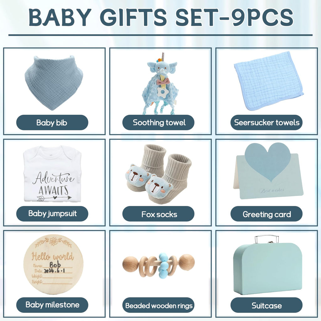 Baby Gift Set Baby Shower Gifts Basket for Newborns New Born Baby Boy Gift Set Blue Baby Gift Basket with Baby Rattle