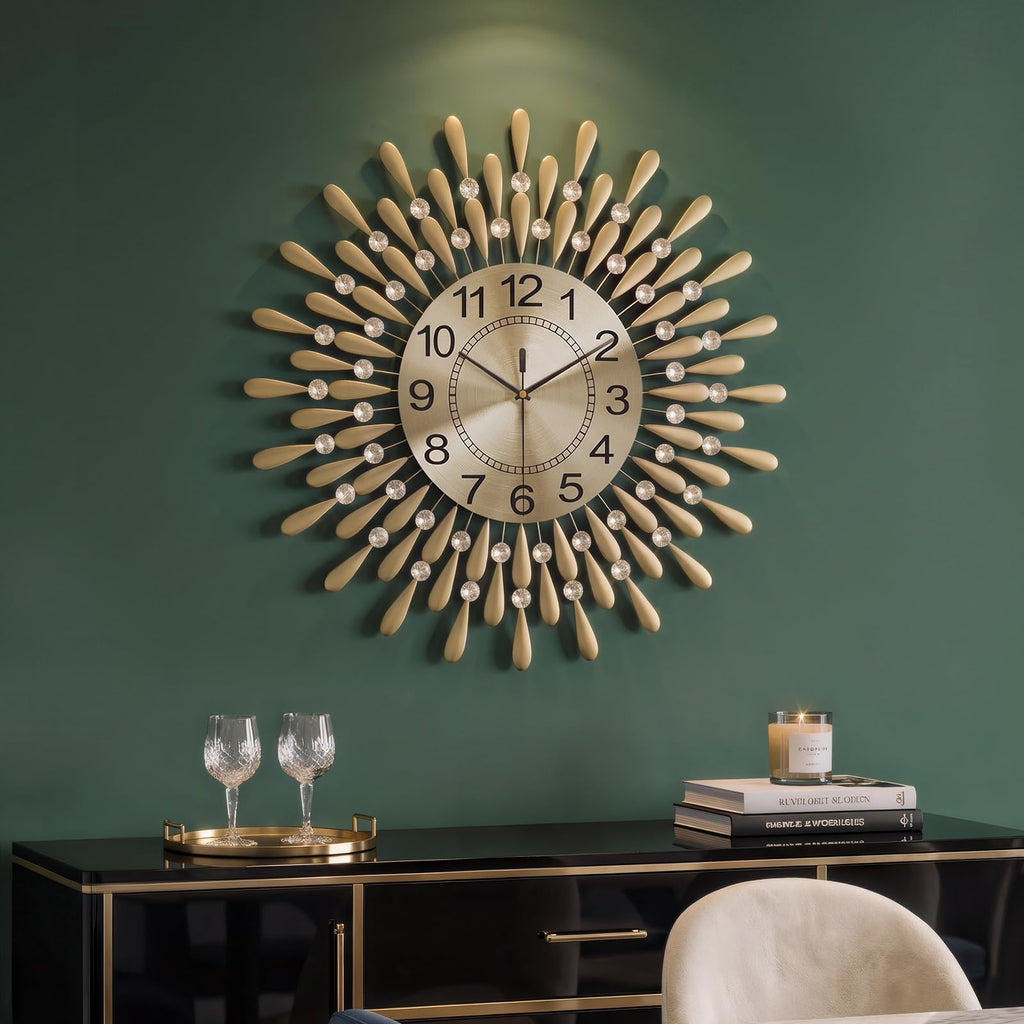 24 Inch Wall Clock Gold Crystal Sunburst Decorative Metal Clock