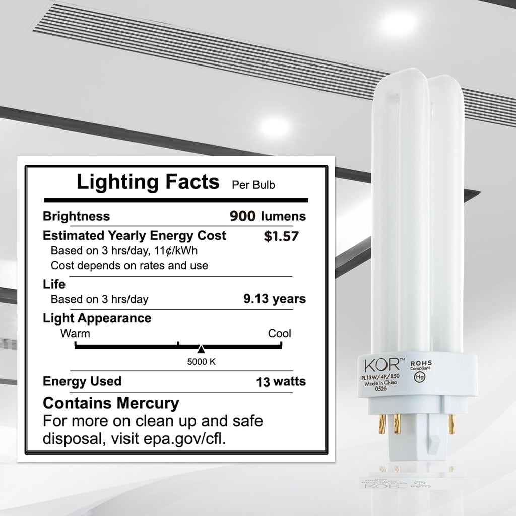13W Double Tube CFL Bulbs, G24Q-1 4-Pin, 5000K Bright White, 4 Pack