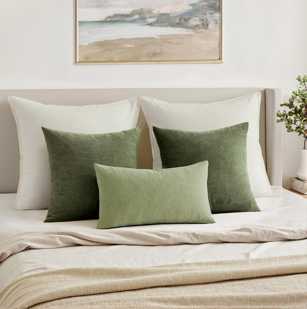 Olive Green Chenille Couch Throw Pillow Covers, 20x20