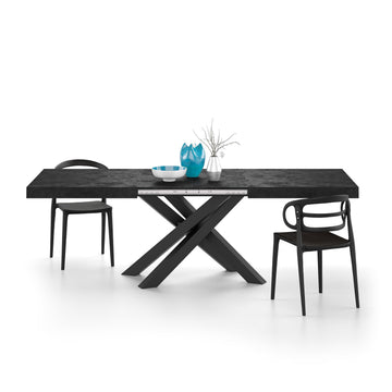 Emma 63(94.5) x35.4 in in, Extendable Dining Table, Concrete Effect, Black with Black Crossed Legs, Made in Italy