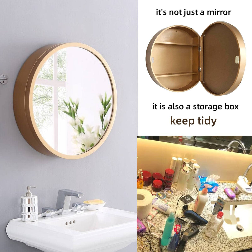Medicine Cabinet Bathroom Space Saver Storage Round Cabinets with Mirror Surface Wall Mounted Solid Wood Circular
