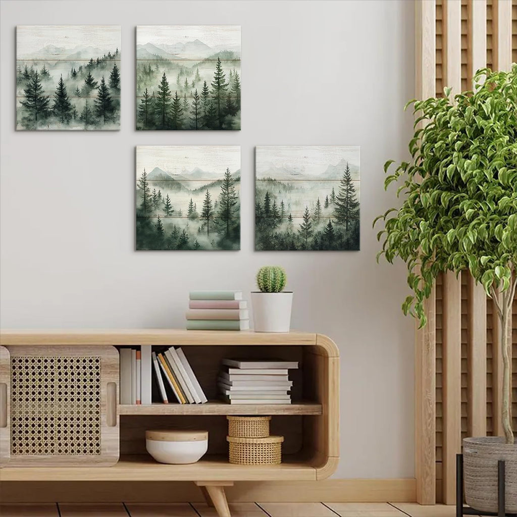 Green Forest Wall Art Nature Foggy Mountains Landscape Pictures Misty Forest Bathroom Decor Pine Tree Wall Art