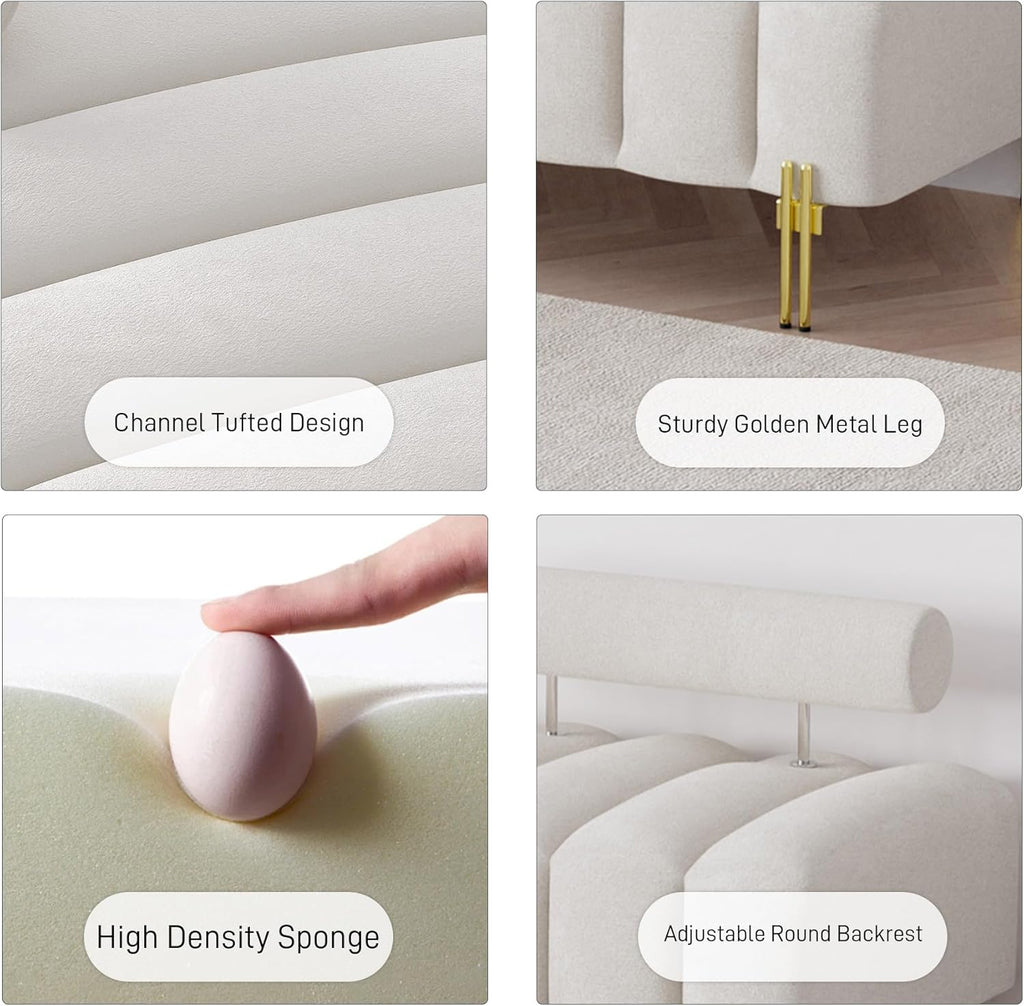 52.2" Velvet Upholstered Bench Ottoman with Adjustable Backrest,Beige White | Modern Channel Tufted End of Bed Bench